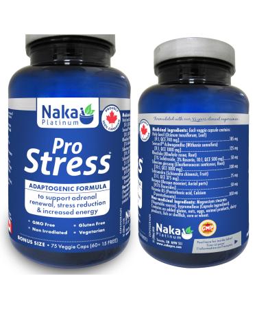 Naka Platinum Pro Stress Adaptogenic Formula to Support adrenal renewal Stress reduction & increased Energy - 75 capsules BONUS SIZE (60+15 Free)