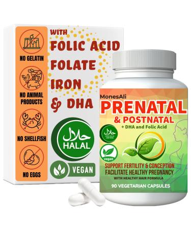Prenatal Vitamins for Women | Postnatal | Vegan Halal Gelatin Free | with Folate Iron & Biotin | Supports Pregnancy Postpartum Energy & Hair Health 90 Capsules Unflavored 90 Count (Pack of 1)