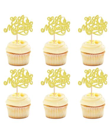 Keaziu 24PCS Eid Mubarak Cupcake Toppers Moon Star Happy Eid Mubarak Cupcake Picks Islamic Muslim Theme Ramadan Kareem Eid Party Cake Decorations Supplies Gold -1