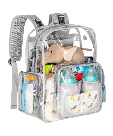 Diaper Bag Backpack, Clear Baby Bag Heavy Duty Transparent Backpack for Girls Boys, Multifunction Large Travel Back Pack Maternity Baby Nappy Changing Bags for Mom with Stroller Straps, Gray Austere Grey