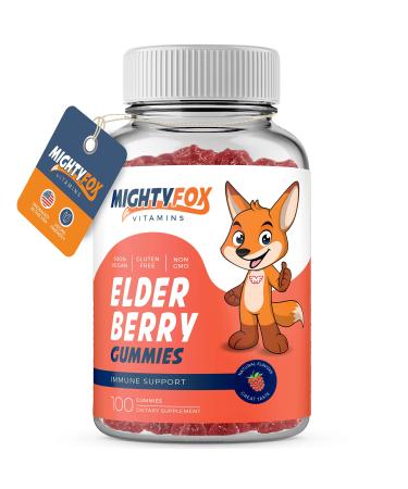 MIGHTY FOX VITAMINS Elderberry Gummies for Kids with Sambucus Echinacea Propolis and Vitamin C - 100% Vegan Gluten Free Non GMO Raspberry Flavor - 100 Count (100 Count)