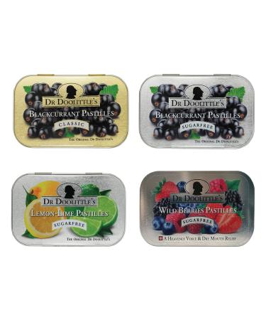 Dr. Doolittle s Soft Fruit Pastilles Sugar Variety Pack for Voice and Throat Blackcurrant Lemon Lime and Wild Berries 2.12 Ounce Tin approximately 25 Count Package 4 Pack
