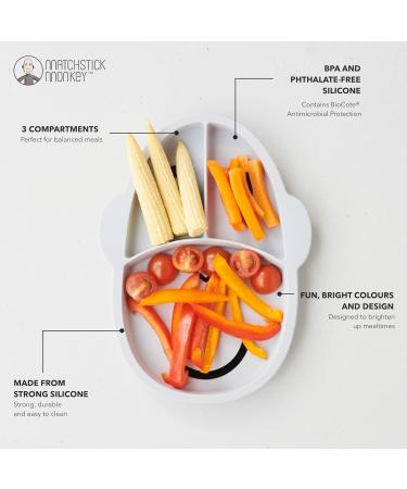 Matchstick Monkey Anti-Slip 3-Section Plate - Grey | 100% Silicone, BPA Free | Antimicrobial | for 12 Months - Buy Online on GoSupps.com
