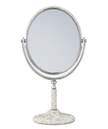 TISHAA Elegant Luxury Sophisticated Style Bling Bling Small White Crystal Diamond Studded Double Make Up Magnification Stand Vanity Mirror (White)
