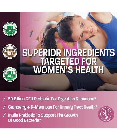 Bronson Women's Probiotic 50 Billion CFU + Prebiotic with Cranberry & D-Mannose - Vaginal Health, Digestive Support, Immune Function - 60 Vegetarian Capsules - Buy Online on GoSupps.com