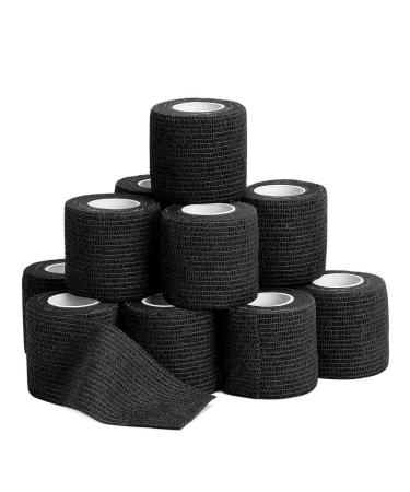 12 Pack Self Adherent Cohesive Wrap Bandages - 2 Wide 5 Yards - All Sports Athletic Tape | Elastic Self Adhesive Tape | Breathable Wound Tape | First Aid Stretch Cover All Tape(Black)