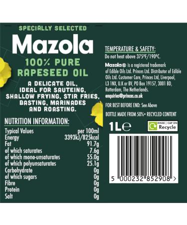 Mazola Rapeseed Oil 1L - Pure, Healthy Cooking Oil for Everyday Use - Buy Online on GoSupps.com