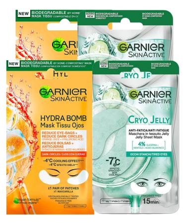 Garnier SkinActive Hydra Bomb Masque pour les yeux contre les cernes avec jus d'orange et acide hyaluronique 4 patchs + Masque pour les yeux Cryo Jelly effet anti- ge avec glyc rine et menthol 4 2 Bomb Hydra Orange + 2 x Cryo Jelly Anti--Fatica 2 unit (Lo