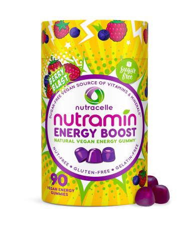 NUTRAMIN Energy Boost Vitamin Gummy - Skip The Coffee & Boost Your Energy Caffeine-Free Sugar-Free Vegan B12 Green Tea Ashwagandha Garcinia Cambogia Raspberry Adaptogen - 90 ct