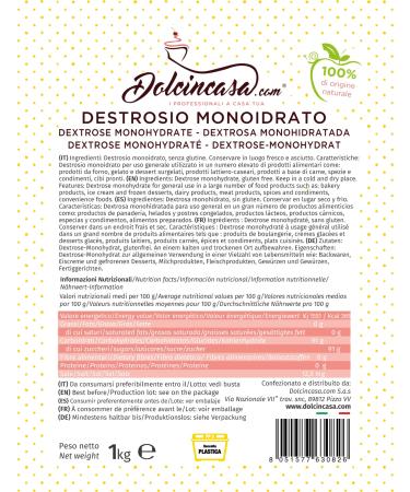 Dolcincasa Com Dextrose Monohydrate - 1kg Crystalline Glucose for Meat Ice Cream & Dietary Supplements | Gluten-Free Frost Protection Agent - Buy Online on GoSupps.com