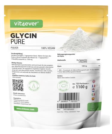 Glycine Pure - 1100 g (1.1 kg) pure powder without additives - With measuring spoon - Laboratory tested - 100% Glycine Amino Acid - Vegan - Buy Online on GoSupps.com