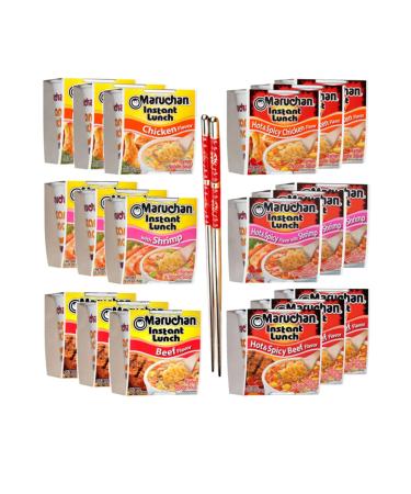 Ja Cor Instant Lunch Ramen Noodles Variety Pack- 6 Flavors: Chicken Beef Shrimp Hot and Spicy Chicken Beef Shrimp Cup Noodle Soup Bundle with 1-Set of Reusable Chopsticks(3 Each Flavor 18 Packs)