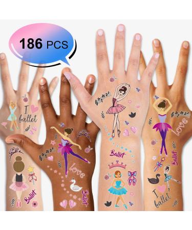 Konsait 186pcs Kids Tattoo Kits  Fake Waterproof Temporary Tattoos Ballet Girls Tattoos for Children's Birthday Party Bags Filler Gift Birthday Party Favors Dancing Girl Tiara Rose Star LOVE