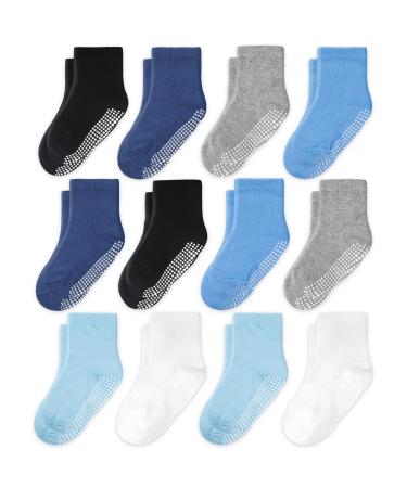 CozyWay Kids Non Slip Cotton Crew Socks Baby Socks Toddler Socks Anti Skid With Grips Striped for Children Toddler Boys & Girls 3-5 Years Boys Solid Colors w/ Light Blue 12 Pairs