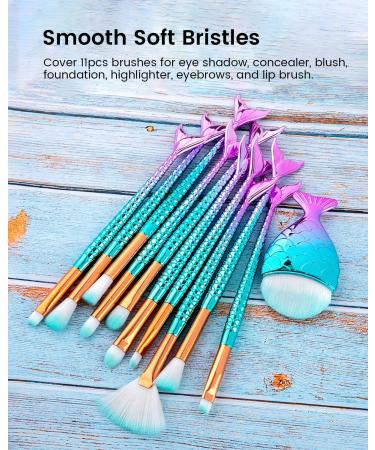11pcs Mermaid Makeup Brush Set with Cute Bag - Perfect Foundation Eyeshadow & Blush Brushes for Girls | Ideal Christmas & Birthday Gift - Buy Online on GoSupps.com