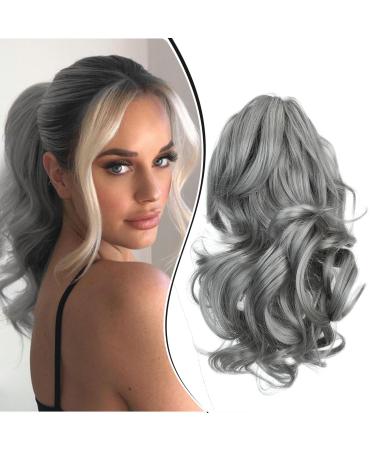 Dcbaboo Short Ponytail Extension Curly 12inch Claw Clip in Ponytail Hair Extensions Long Wavy Synthetic Pony tails Natural Wave One Piece Hairpiece Fake Ponytail for Women Dark Gray 12 inch 110g Dark Gray