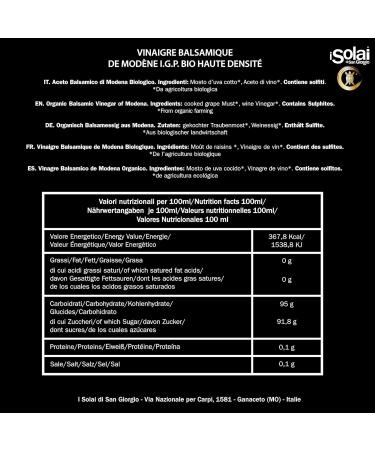 Solai Di San Giorgio Balsamic Vinegar of Modena I.G.P. Organic High Density Made from 100% organic Italian grapes Ideal to accompany red meats cheeses 250 ml - Buy Online on GoSupps.com