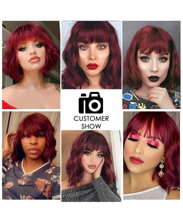 Wine Red Wavy Shoulder Length Wig with Bangs | Burgundy Bob Curly Wig for Women | Heat Resistant Fiber | 12 Inch - Buy Online on GoSupps.com