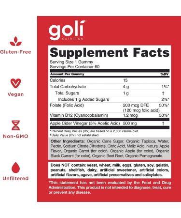 Goli Apple Cider Vinegar Gummy Vitamins - 60 Count | Vitamins B9 & B12 | Gelatin-Free, Gluten-Free, Vegan & Non-GMO - Buy Online on GoSupps.com