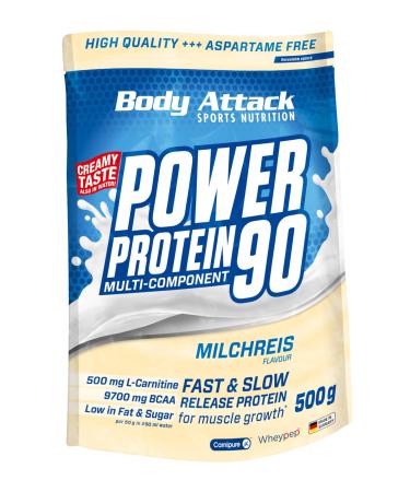 Body Attack Power Protein 90 MilkyChreis 500 5K protein powder with whey protein L-carnitine and BCAA for muscle building and fitness made in Germany