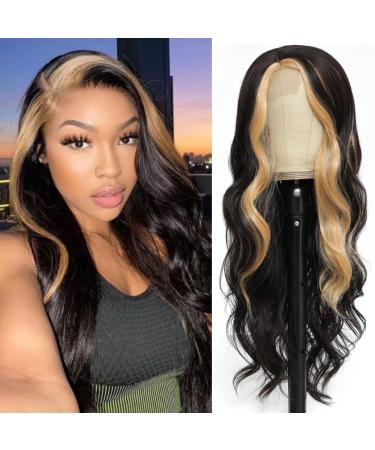 meiliprotea 26 Skunk Stripe Body Wave Long Wavy Synthetic Hair Wig for Women Side Part Wig Highlight Synthetic Wig Natural Looking Realistic Wig (27Mixed Black) 26 blond / black
