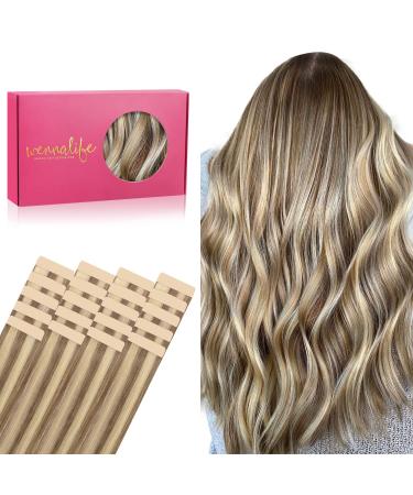 If -alife tape extensions real hair 20pcs 50g 35cm 14 inch brown highlights goldblond remy invisible tape extensions silky straight real hair extensions skin weft tape in the 35cm #8a/22 ash brown highlights gold blonde