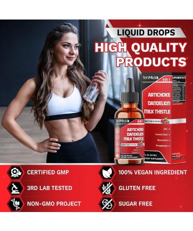Tenmido Artichoke Extract Liquid Drops - 9in1 Herbal Supplements Liquid with Zinc Dandelion Milk Thistle Turmeric Resveratrol Pomegranate Ginger and Black Pepper - 30ml 1Fl Oz - Buy Online on GoSupps.com