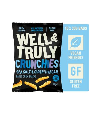 WELL&TRULY: Salt & Vinegar | Baked Corn Snacks - Gluten Free - Plant Based & Vegan - No Added Sugar - Less Fat - Healthy Snack - (Box of 10 Bags 30g Each)
