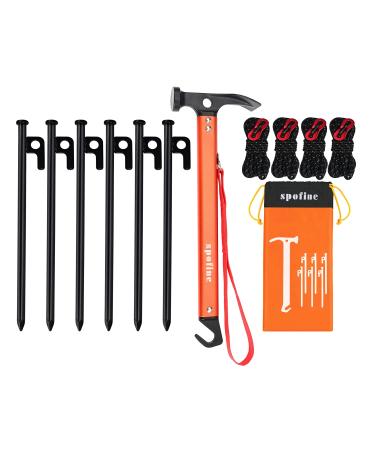 SPOFINE Tent Stakes, 6pcs Heavy Duty Stakes Metal with Hammer 13ft Reflective Ropes, Camping Accessories Kit Pegs Aluminum Mallet Storage Bag for Hiking Backpacking, Orange+Black (SH2)