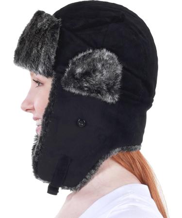 Wool Blend Aviator Trapper Hat Trooper Ushanka Bomber, Black Corduroy | One Size, Warm Winter Cold Protection - Buy Online on GoSupps.com