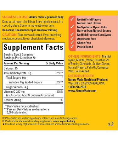 Nature Made Zero Sugar Vitamin C Gummies 250 mg Per Serving Immune & Antioxidant Support Aspartame Free 100 Sugar Free Vitamin C Gummies 50 Day Supply - Buy Online on GoSupps.com