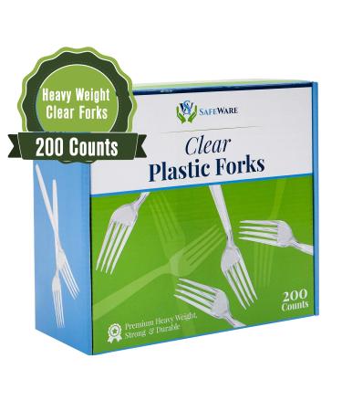Safeware 200 Clear Plastic Forks, Heavy Duty, Disposable Utensil Silverware for Party, BBQ, Picnic, Family, Office, Restaurant Clear Forks