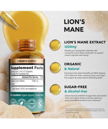 Lions Mane Liquid - USDA Certified Organic Lions Mane Supplement - Brain Support Energy Memory & Focus - Sugar & Alcohol-Free Lion's Mane Mushroom Extract 72 000 mg / Bottle 2 Fl OZ 2 Month Supply 2 Fl Oz (Pack of 1) - Buy Online on GoSupps.com