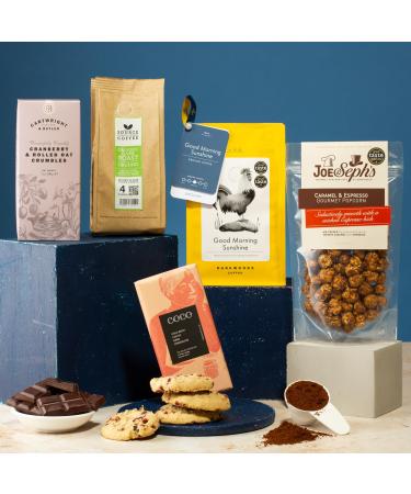 Coffee Lovers Gift Box. 2 bags of coffee and 4 sweet snacks such as chocolate and biscuits.