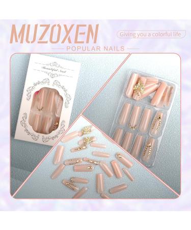 Shop Long Coffin Press on Nails - 3D Butterfly & Gold Rhinestones - 24pcs Acrylic False Nails - Gentle Champagne Style - International Shipping Available - Buy Online on GoSupps.com