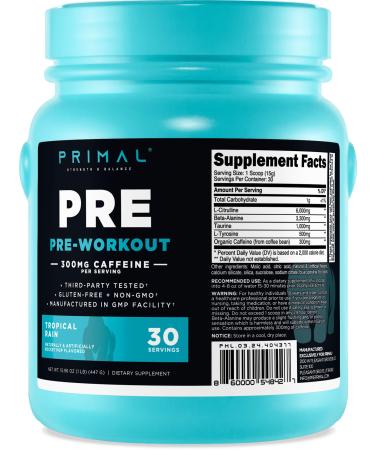 Primal Pre-Workout Tropical Rain Rocket Pop Flavored (30 Servings) - Gluten Free & Non-GMO