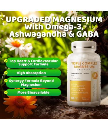 Triple Magnesium Complex - Magnesium Glycinate Taurate & Malate Supplement with Omega3 Ashwagandha GABA for Sleep Brain Heart & Muscle Support - High Absorption and Gentle Vegan 120 Capsules 120 Count (Pack of 1) - Buy Online on GoSupps.com