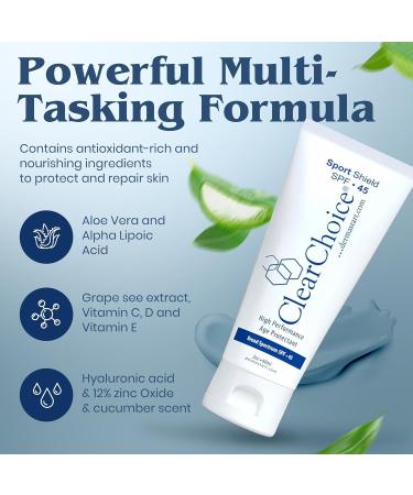 Clear Choice Sport Shield SPF 45 Mineral Sunscreen & Moisturizer | Non-Greasy Broad-Spectrum Face & Body SPF | Micronized Zinc Oxide | No White Cast | Dermatologist Recommended 60 ml / 2 oz - Buy Online on GoSupps.com
