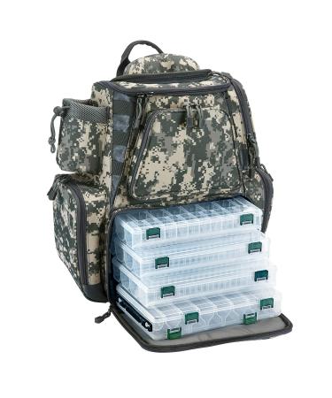 Piscifun Fishing Tackle Backpack with 4 Trays, Large Waterproof Tackle Bag Storage with Protective Rain Cover and 4 Tackle Boxes (Khaki, Black and Camouflage) Digital Camouflage