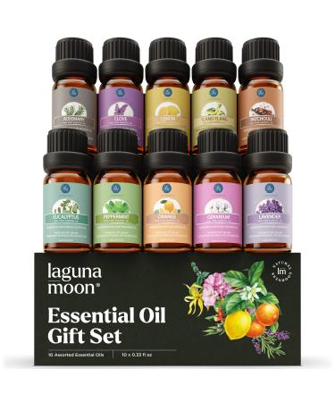 Essential Oils Set - Top 10 Organic Therapeutic-Grade Gift Set Blends for Fragrance, Diffusers, Humidifiers, Aromatherapy, Massages, Office, Soap Scents, Candle Making, Slime - Skin & Hair (10mL) 10-Pack w Gift Box | Organic Essential Oils Set
