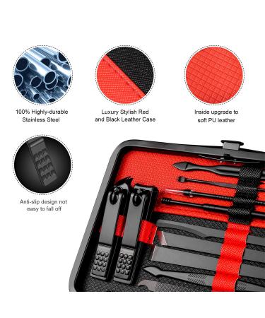 Manicure Set - 18-Piece Professional Nail & Pedicure Kit | Stainless Steel Tools with Leather Travel Bag (Black Red) - Ideal for International Shipping - Buy Online on GoSupps.com