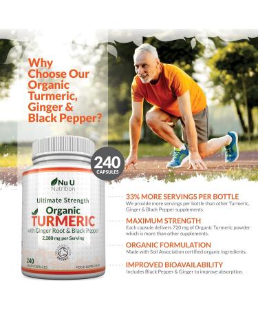 Organic Turmeric Ginger & Black Pepper 2280mg - 240 Capsules | High Strength Curcumin Supplement - Soil Association Certified | 4 Months Supply by Nu U Nutrition - Buy Online on GoSupps.com