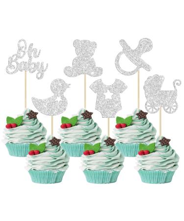 Gyufise 36Pcs Oh Baby Cupcake Toppers Glitter Pacifier Baby Carriage Bear Baby Shower Cupcake Picks for Gender Reveal Baby Shower Kids Birthday Party Supplies Silver Silver-1