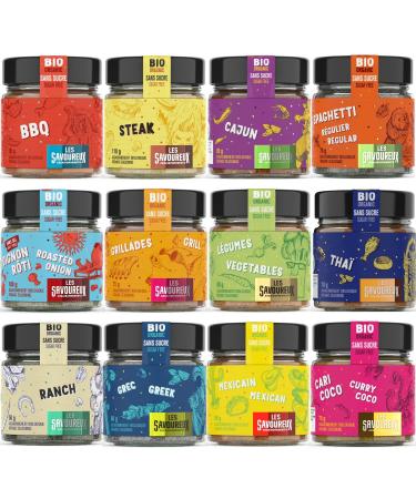 Les Savoureux Seasonings Ultimate Starter Spice Mix Collection | 12-Pack Organic Sugar-Free Spice Blends for Culinary Enthusiasts and Chefs | GMO-Free No Fillers | Ultimate Gift Set of Gourmet Rubs and Spices