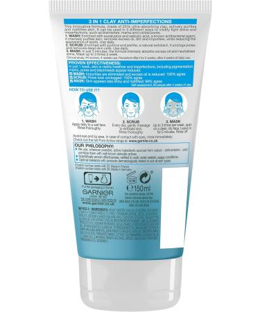 Garnier Pure Active 3in1 Clay Mask-Wash-Scrub 150ml With Clay Eucalyptus & Salicylic Acid Face Cleanser For Oily Skin Packaging May Vary (Pack of 3) 1.2 l (Pack of 3) 3in1 Clay Mask Scrub - Buy Online on GoSupps.com