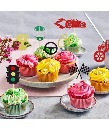 Arthsdite 24 PCS Race Car Cupcake Toppers Traffic Light Steering Wheel Trophy Flag Helmet Racing Car Cupcake Picks for Let's Go Racing Sports Theme Baby Shower Boys Birthday Party Cake Decorations Colorful - Buy Online on GoSupps.com