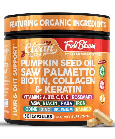 Clean Nutra Pumpkin Seed Oil Capsules + Saw Palmetto Biotin Collagen Keratin MSM Folate Hyaluronic Acid Supplements B12 Zinc Hair Supplement for Women Men Iodine 5-MTHF B-12 Vitamin B9-60 Pills