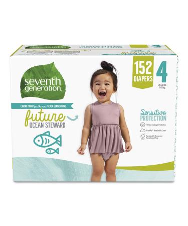 Seventh Generation Baby Diapers, Size 4, 152 Count, One Month Supply, for Sensitive Skin Size 4 (152 Count)