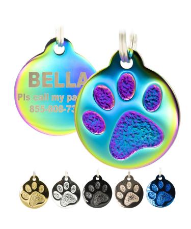 Engraved Cat Tags - Personalized with 4 Lines of Custom Engraved ID, Round Paw Print Solid Plating Stainless Steel in 5 Colors: Gold, Rose Gold, Blue, Black, Nebula Without Tag Silencer Nebula