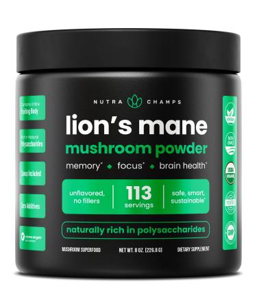 NutraChamps Organic Lions Mane Powder - 2000mg Powerful Nootropic for Memory, Focus, Immune Support - Vegan Lion s Mane Mushroom Powder Supplement with Naturally Occurring Beta-Glucans - 8oz
